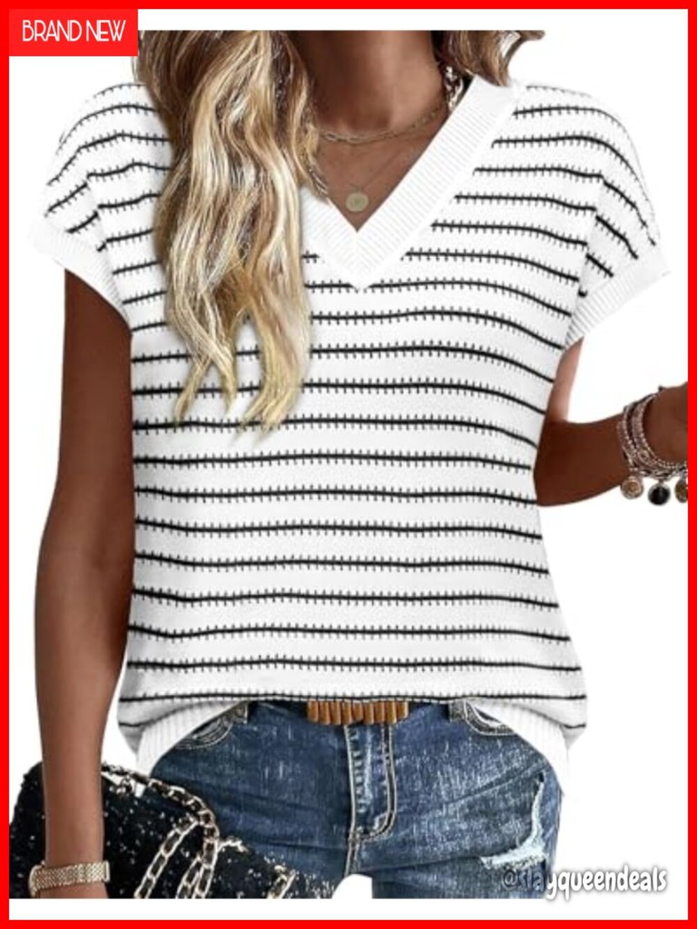 Womens Short Sleeve Sweater V Neck Striped Knit Pullover